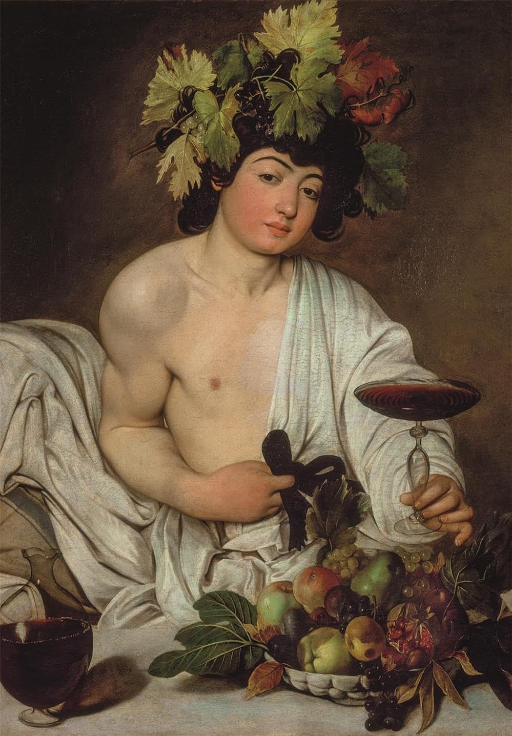 Classical painting of a youthful Bacchus with a grape wreath, holding a shallow wine glass. Fruit bowl and wine on table