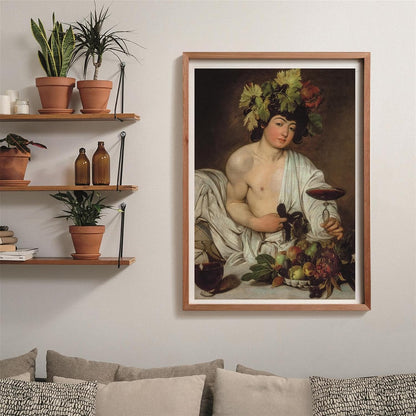 Framed painting: Youthful Bacchus with a grape wreath, holding a wine glass near a fruit bowl