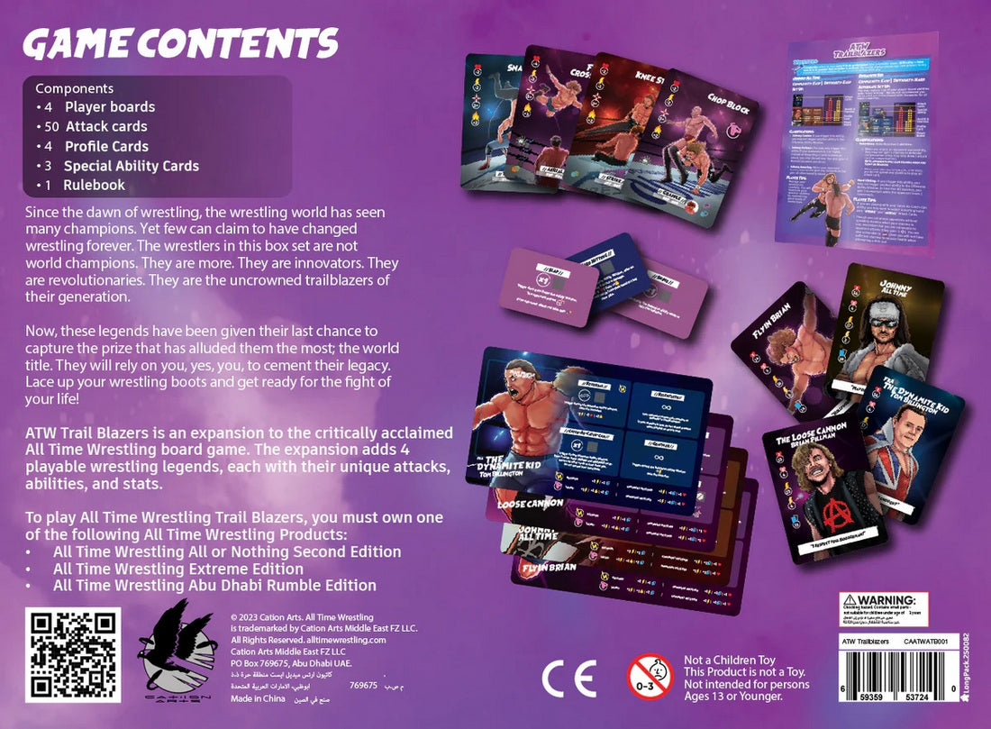 ATW Trail Blazers wrestling board game expansion contents, showing game cards (character profiles and action moves) on a purple background