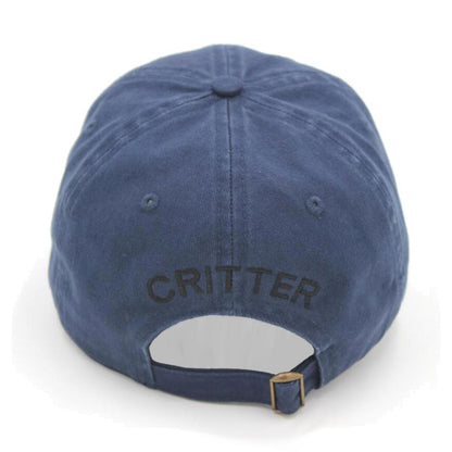 Back of a navy blue baseball cap with "CRITTER" embroidered in black, featuring a brass buckle
