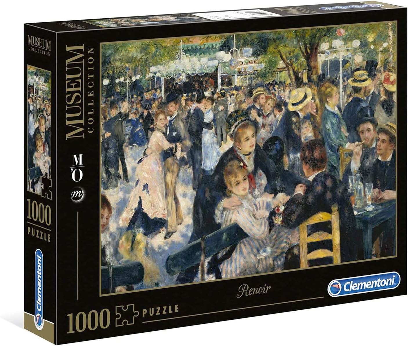 Clementoni Museum Collection 1000-piece jigsaw puzzle box featuring Renoir's impressionist painting of people dancing and socializing at an outdoor café