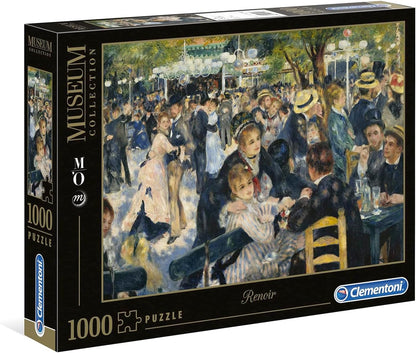 Clementoni Museum Collection 1000-piece jigsaw puzzle box featuring Renoir's impressionist painting of people dancing and socializing at an outdoor café
