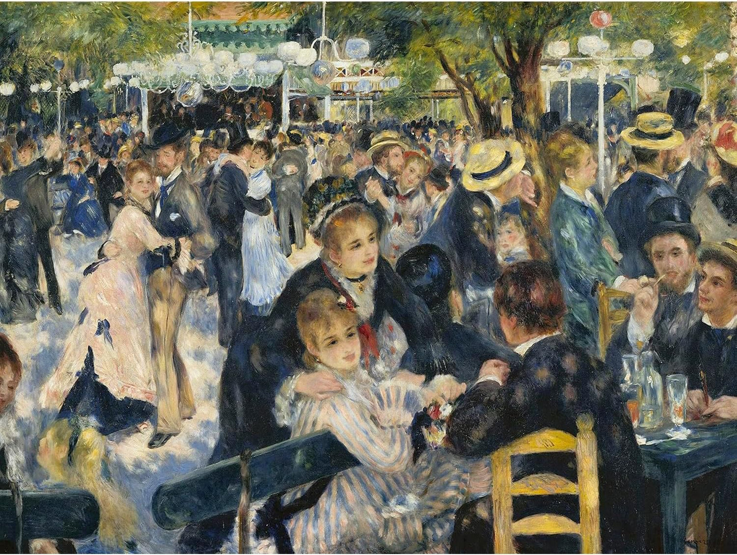 An Impressionist painting of a large outdoor gathering with people dancing, sitting at tables, and socializing under dappled light