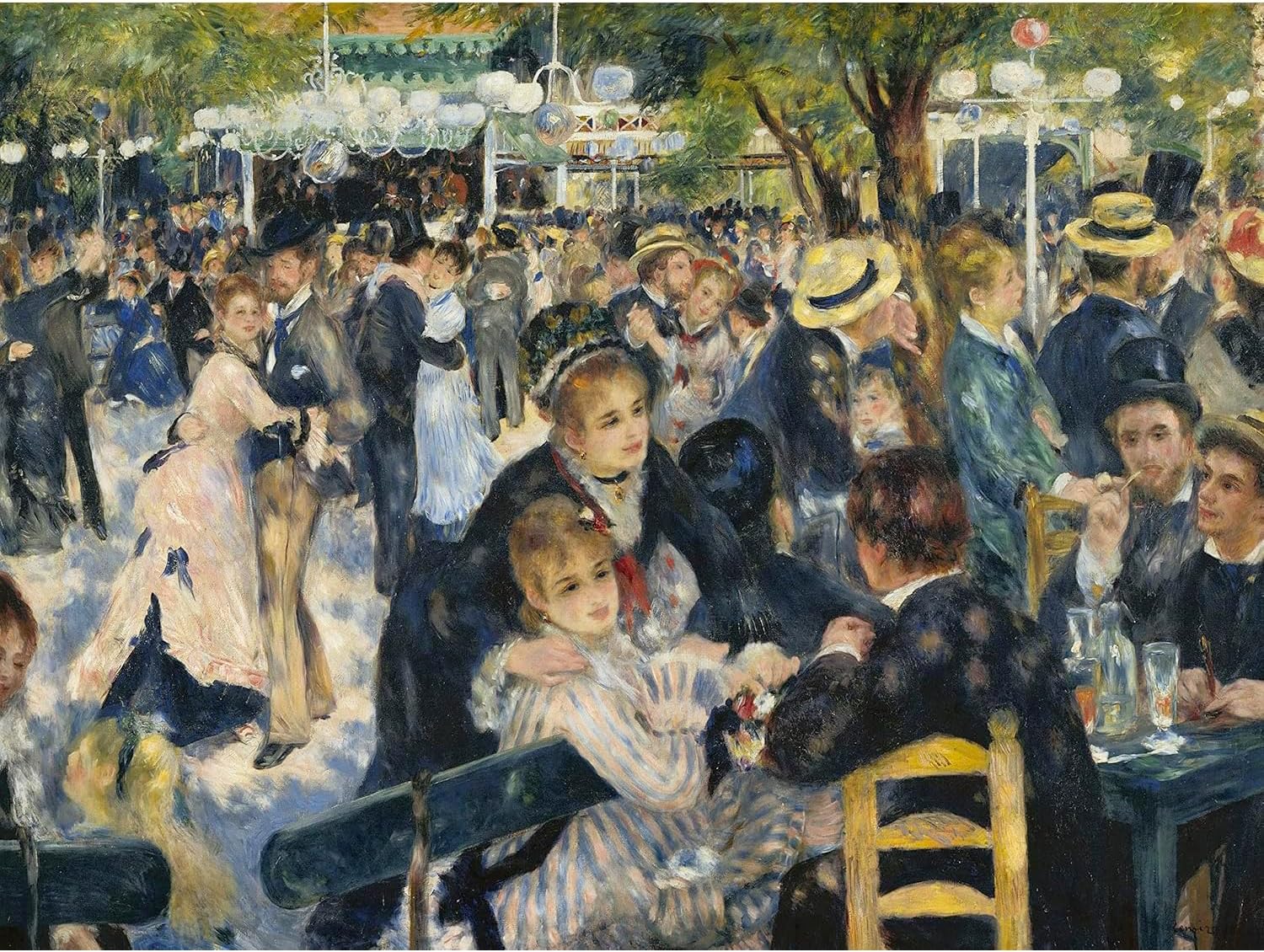 An Impressionist painting of a large outdoor gathering with people dancing, sitting at tables, and socializing under dappled light