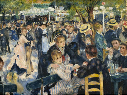 An Impressionist painting of a large outdoor gathering with people dancing, sitting at tables, and socializing under dappled light