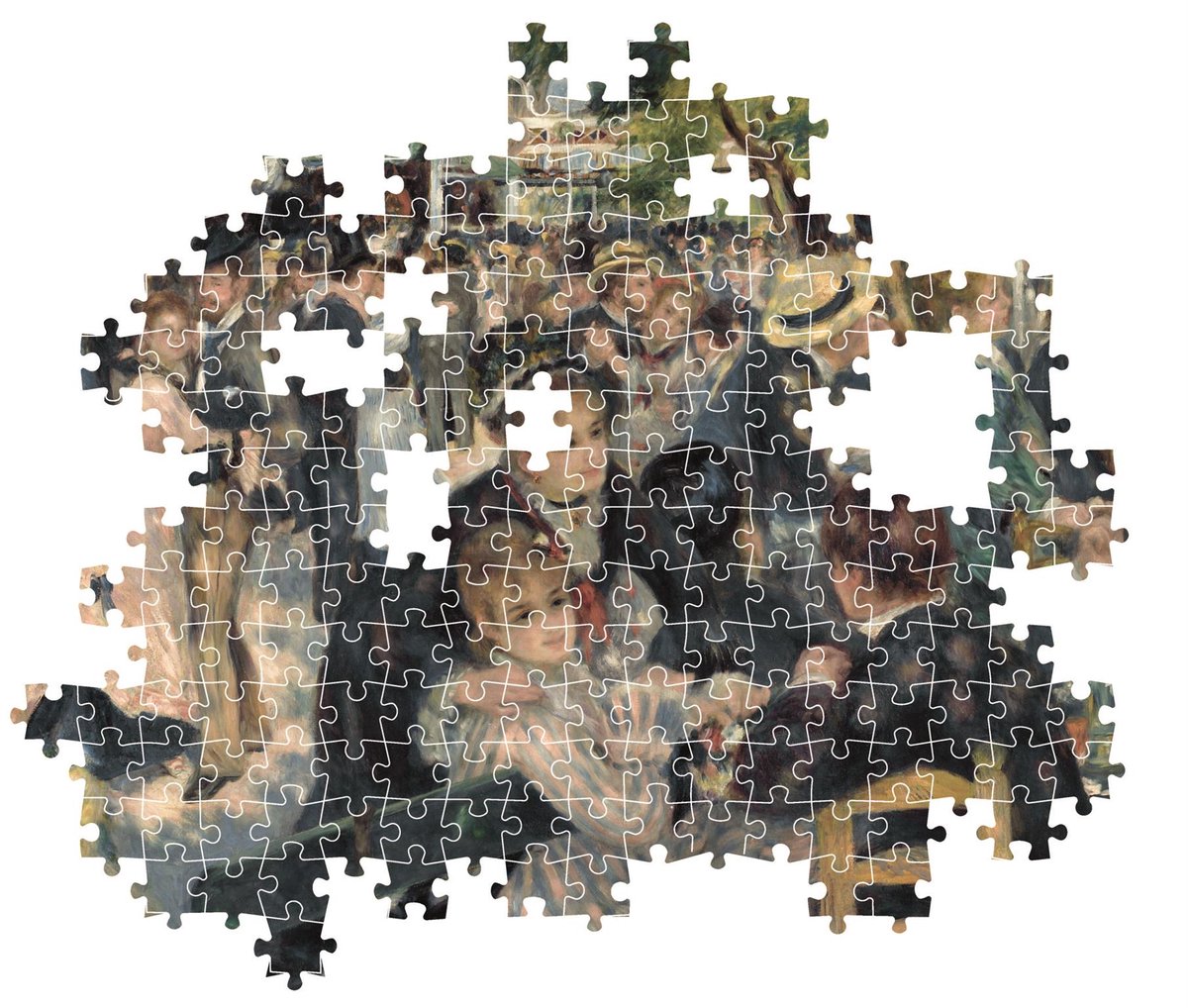 Partially completed jigsaw puzzle of Renoir's "Bal du moulin de la Galette," depicting a lively outdoor dance