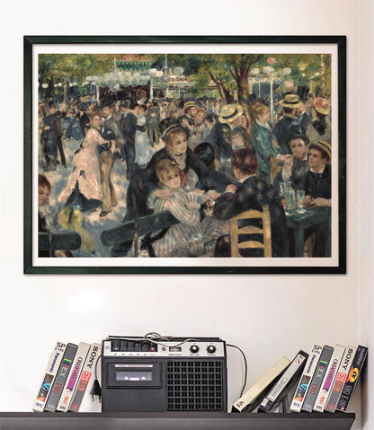 Renoir's "Bal du moulin de la Galette" painting above a vintage cassette player and VHS tapes