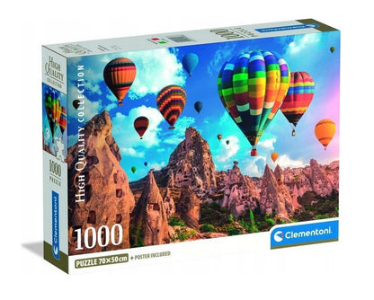 Clementoni puzzle box: Colorful hot air balloons flying above unique rock formations.