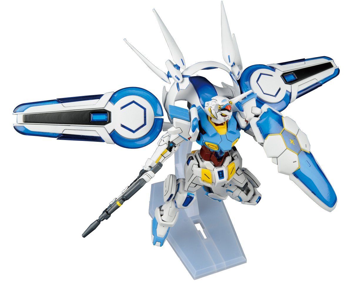 Blue and white Gundam model in a flight pose, deploying large wings, holding a rifle and shield