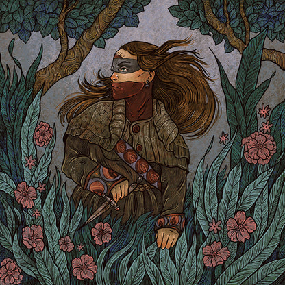 Illustrated portrait of a bandit character from Dawn, featuring a hooded figure with a confident stance and dynamic color palette