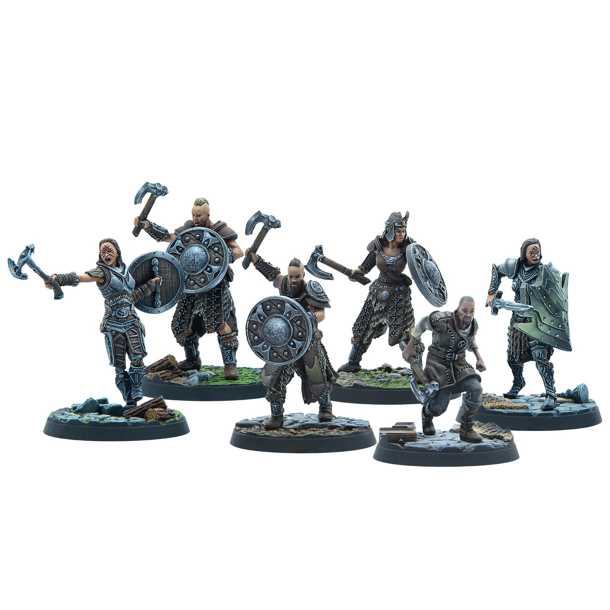 Six detailed fantasy warrior miniatures, including men and women, armed with axes and shields, posed for combat