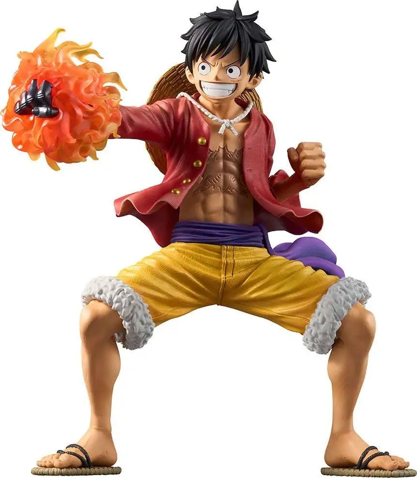 Monkey D. Luffy action figure in a wide stance, gripping his left fist which is engulfed in fiery orange energy