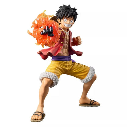 Monkey D. Luffy figure delivering a powerful punch, his fist engulfed in bright orange flames
