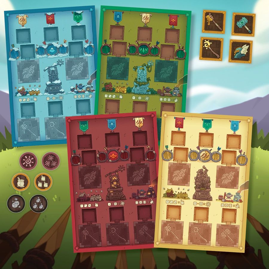 Four distinct, colourful board game player boards, featuring central monuments and various tokens, are displayed outdoors.