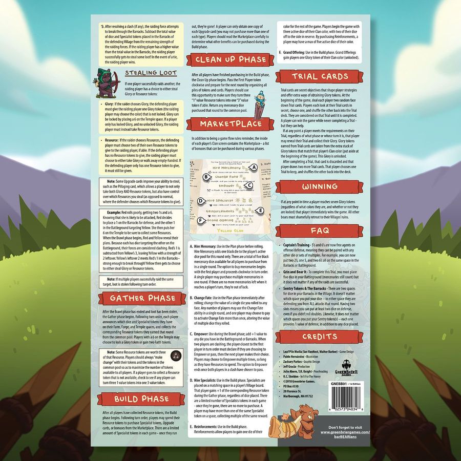 Board game rulebook open to a two-page spread, filled with detailed rules, instructions, and small game art.