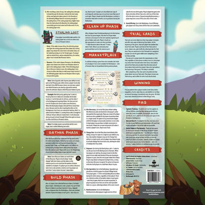 Board game rulebook open to a two-page spread, filled with detailed rules, instructions, and small game art.
