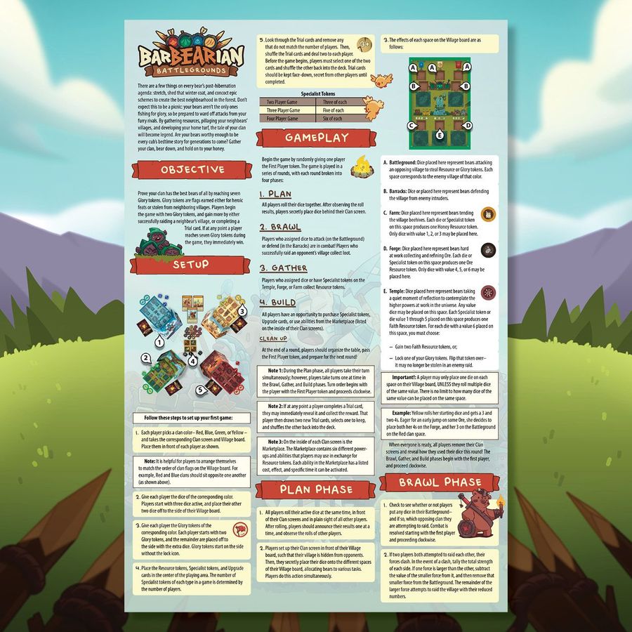 Rulebook page for the board game 'Barbearian Battlegrounds,' featuring rules, objectives, and small illustrations of game pieces.