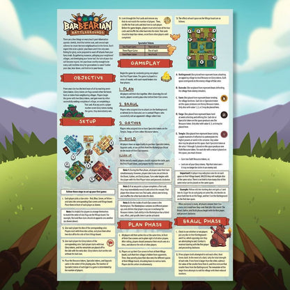 Rulebook page for the board game 'Barbearian Battlegrounds,' featuring rules, objectives, and small illustrations of game pieces.