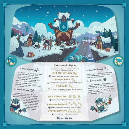 A colourful fantasy board game map features cartoon viking warriors in a snowy village, alongside rules and marketplace sections.