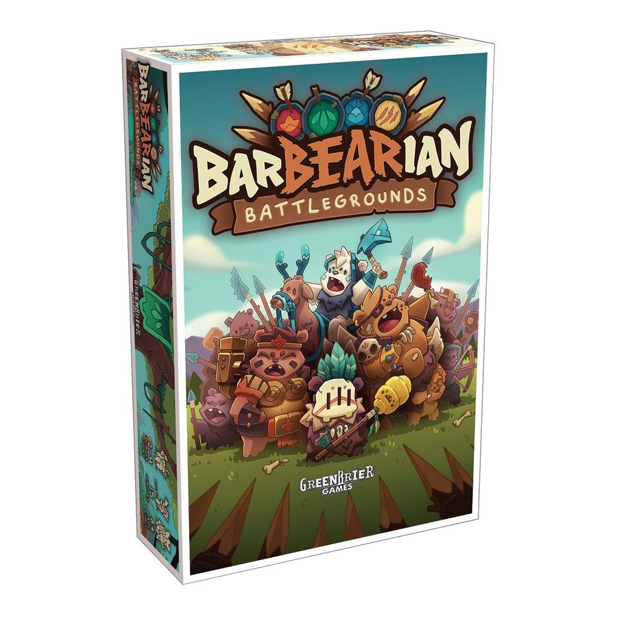 BarBEARian Battlegrounds board game box. Cover shows armed, cartoon barbarian bears in a battle stance.