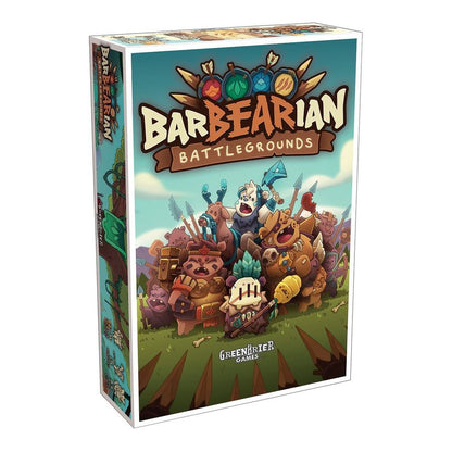 BarBEARian Battlegrounds board game box. Cover shows armed, cartoon barbarian bears in a battle stance.