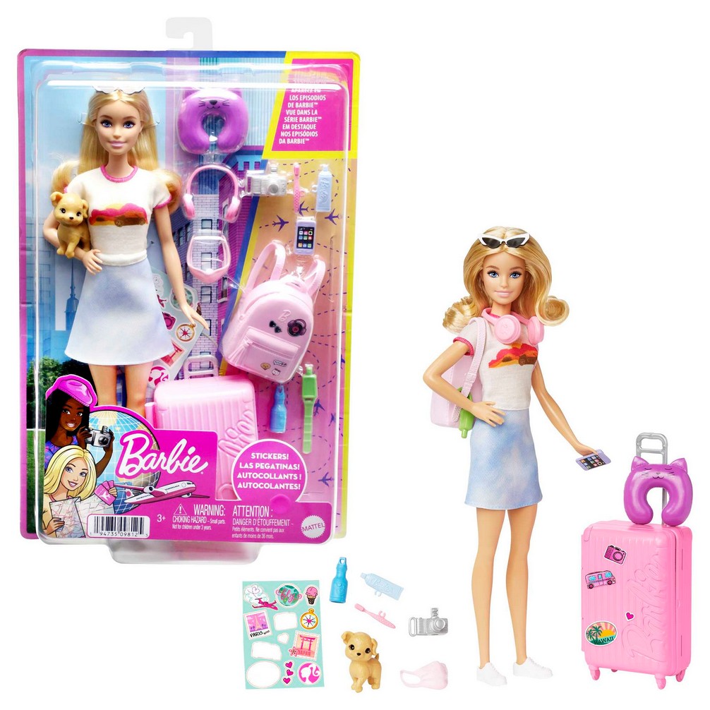 Barbie doll with blonde hair, white top, blue skirt, headphones, and puppy, poses beside pink luggage and travel accessories