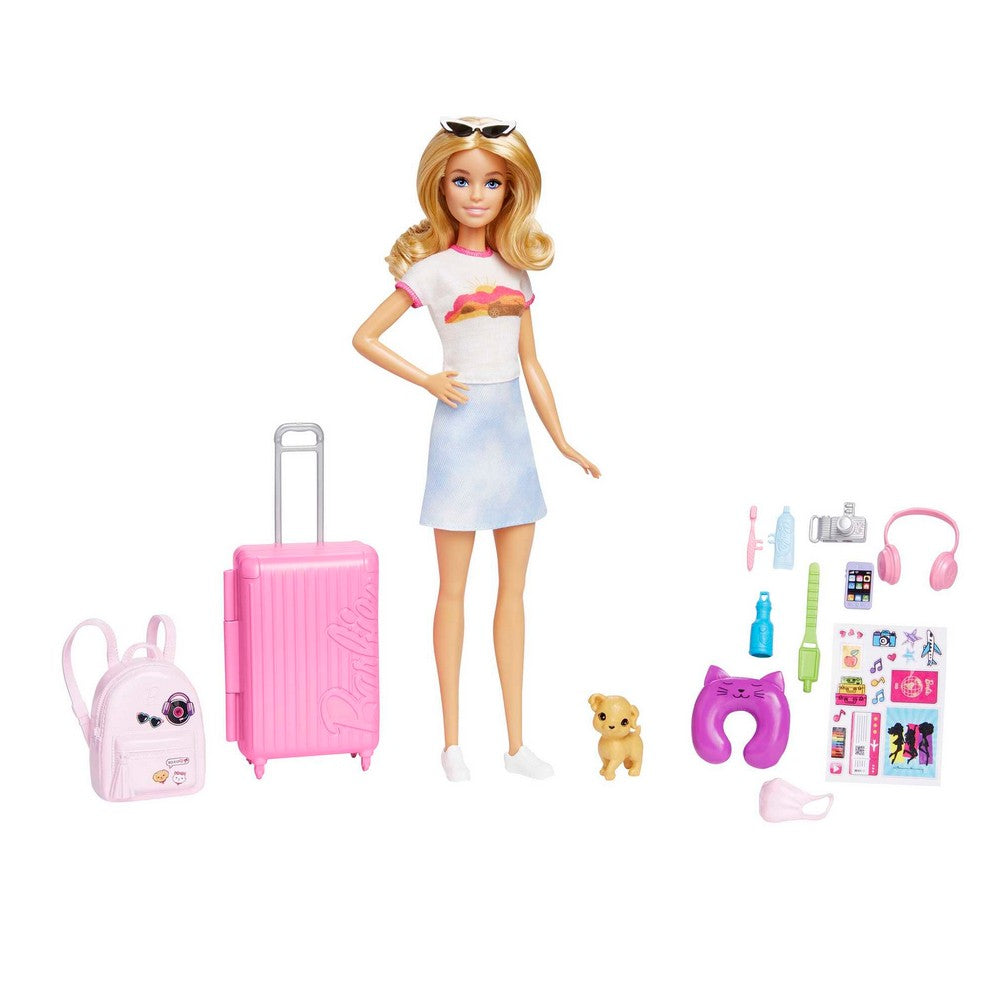 Barbie travel set featuring doll in sunglasses, pink rolling suitcase, backpack, dog, and accessories