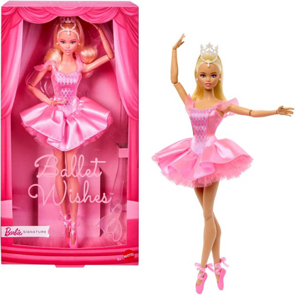 Ballet Wishes Barbie doll in a pink tutu and tiara -  shown in its display box and posed dancing