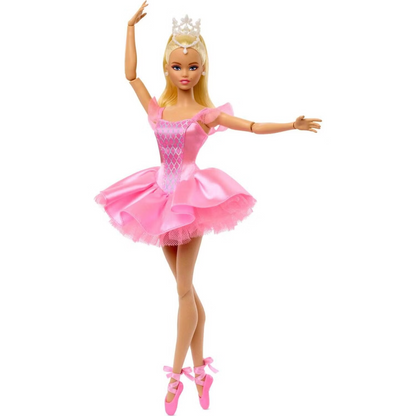 Barbie ballerina doll in a pink tutu -  pointe shoes -  and tiara -  striking a graceful ballet pose