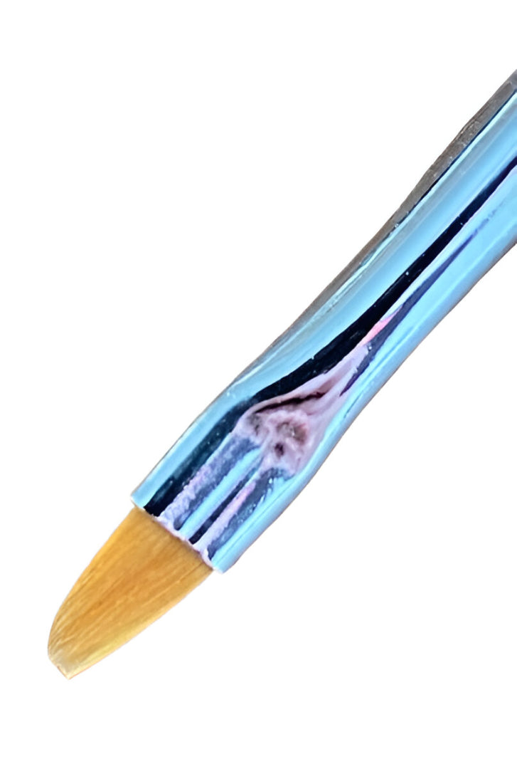 Flat Toray paint brush with orange bristles and a shiny blue metallic handle