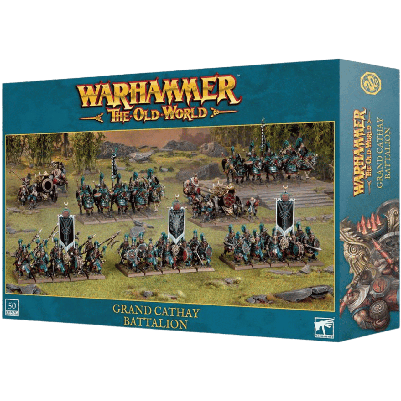 Warhammer: The Old World Grand Cathay Battalion box with numerous painted miniature cavalry, infantry, and war machines