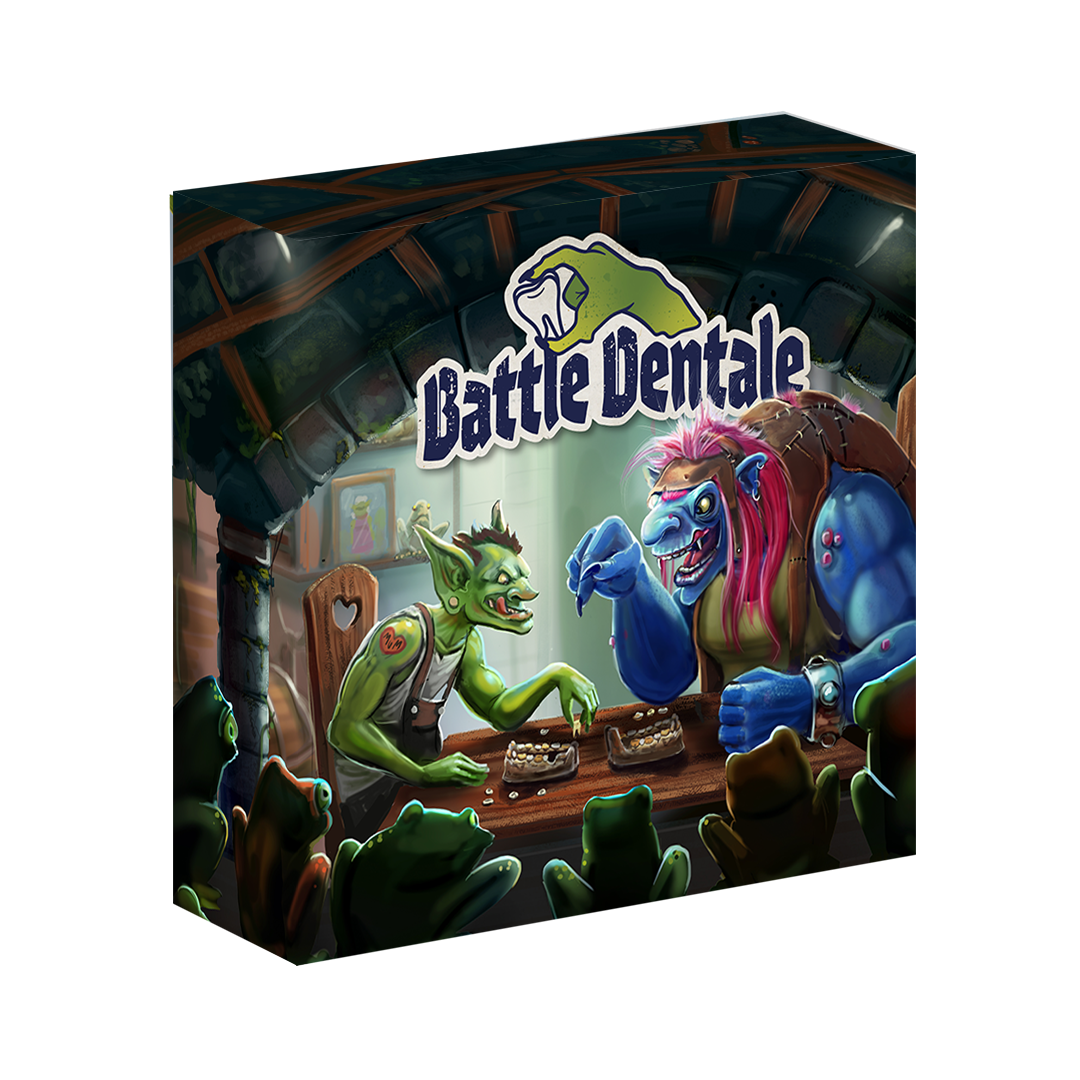 Battle Dentale game cover: A green goblin and a blue troll interact over a table filled with teeth small creatures watch