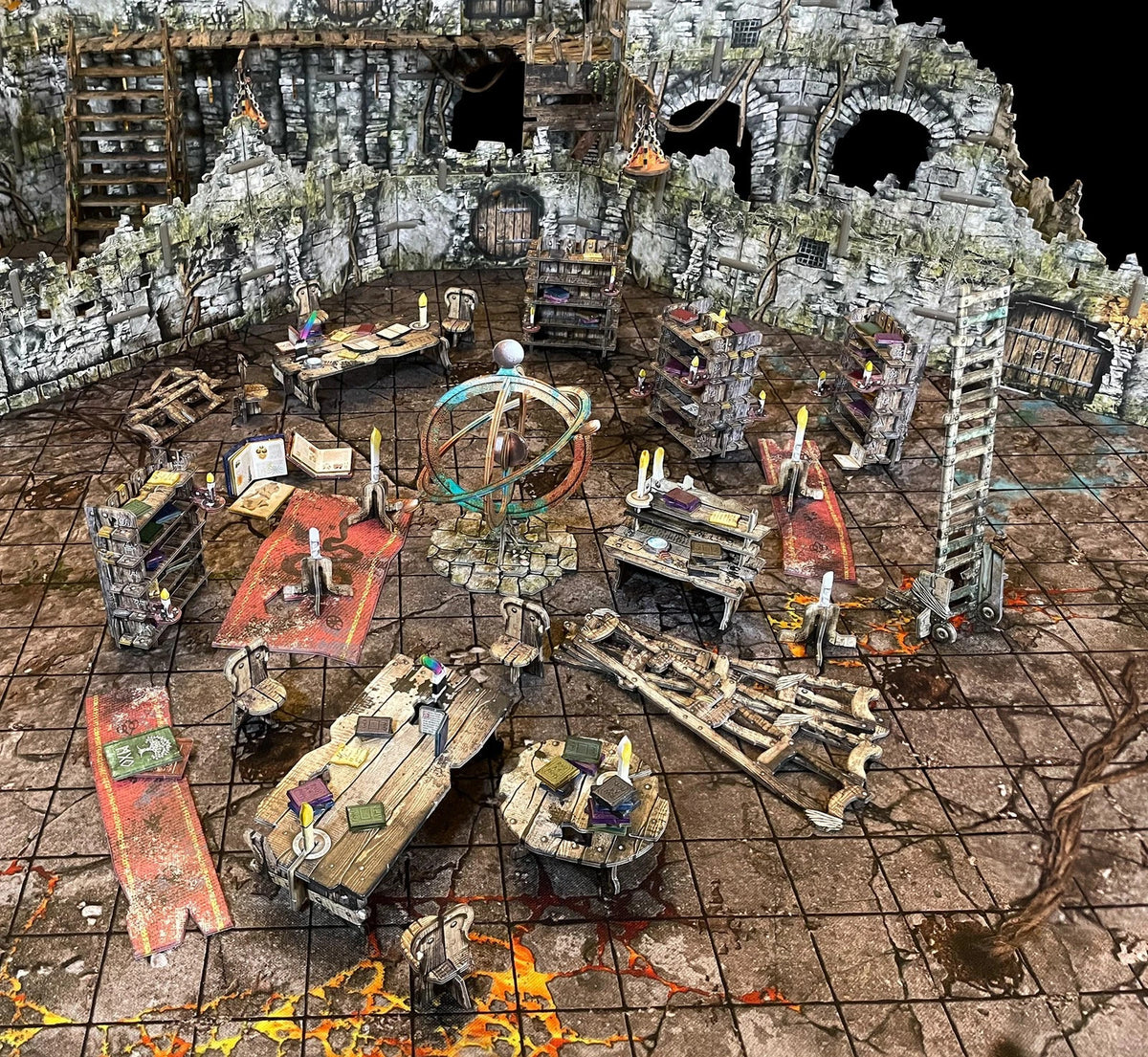 A detailed miniature fantasy dungeon library tabletop game setup, with ruined stone walls, many bookshelves, tables, and lava effects.