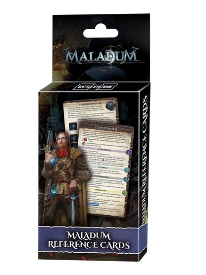 Maladum Reference Cards box showing a bearded adventurer holding a pistol and sword, with game cards visible.