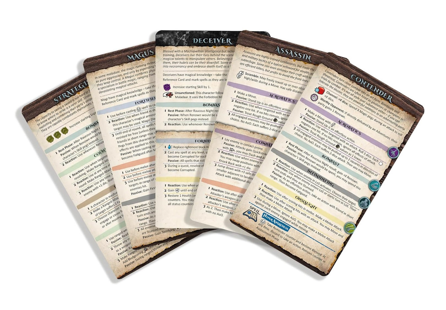 Five overlapping board game cards, fanned out diagonally on a white background, showing titles like Magus and Assassin.