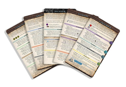 Five overlapping board game cards, fanned out diagonally on a white background, showing titles like Magus and Assassin.