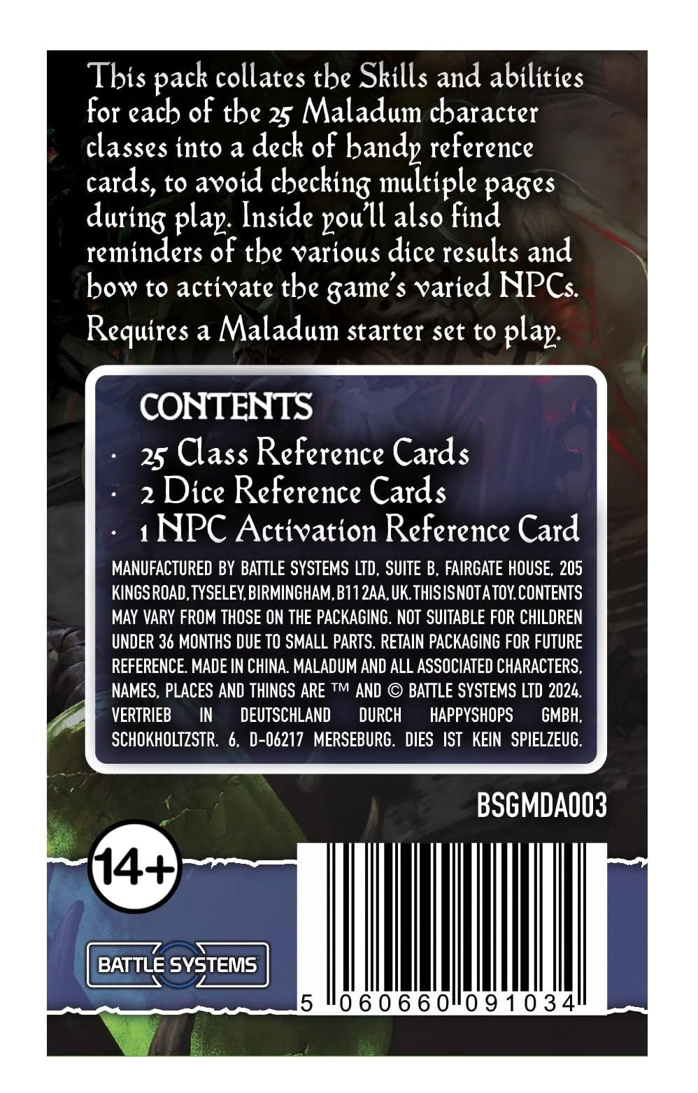 Maladum game reference card pack: 25 class, 2 dice, and 1 NPC activation card. Battle Systems logo, 14+ age rating.