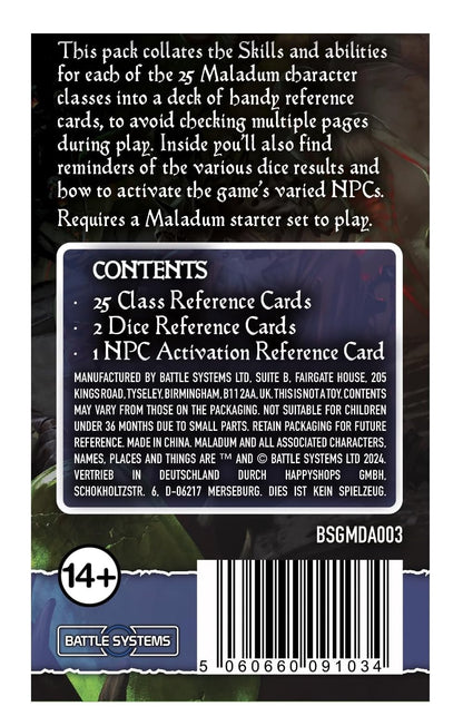 Maladum game reference card pack: 25 class, 2 dice, and 1 NPC activation card. Battle Systems logo, 14+ age rating.
