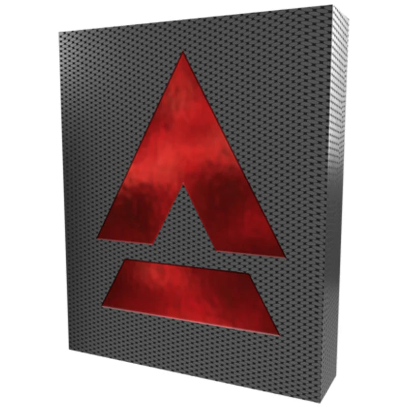 A 3D gray grid-textured box with a striking red metallic symbol: an upward triangle above a trapezoidal bar