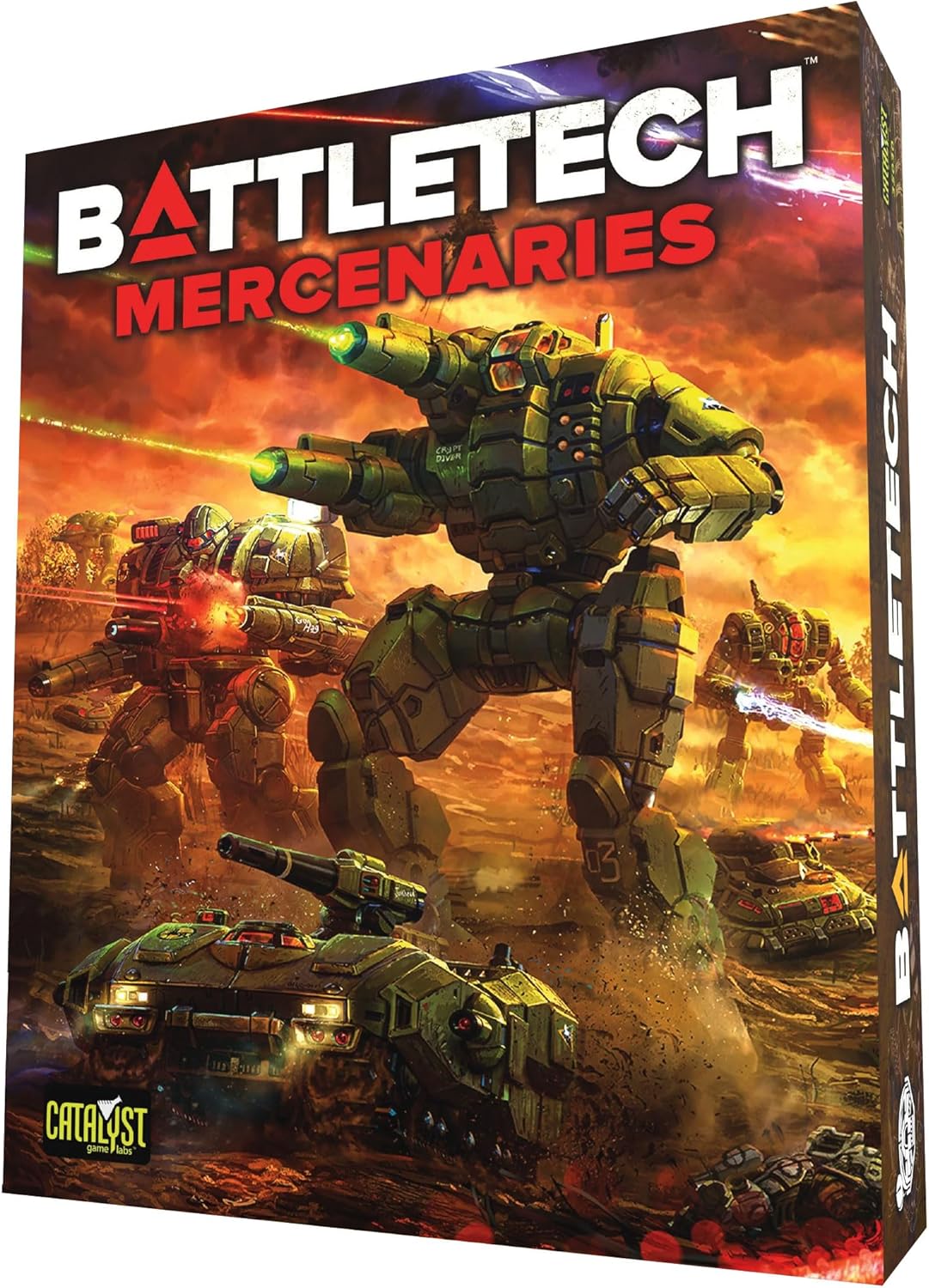 BattleTech Mercenaries box art: Giant green mechs and tanks battle with lasers and explosions under a fiery orange sky