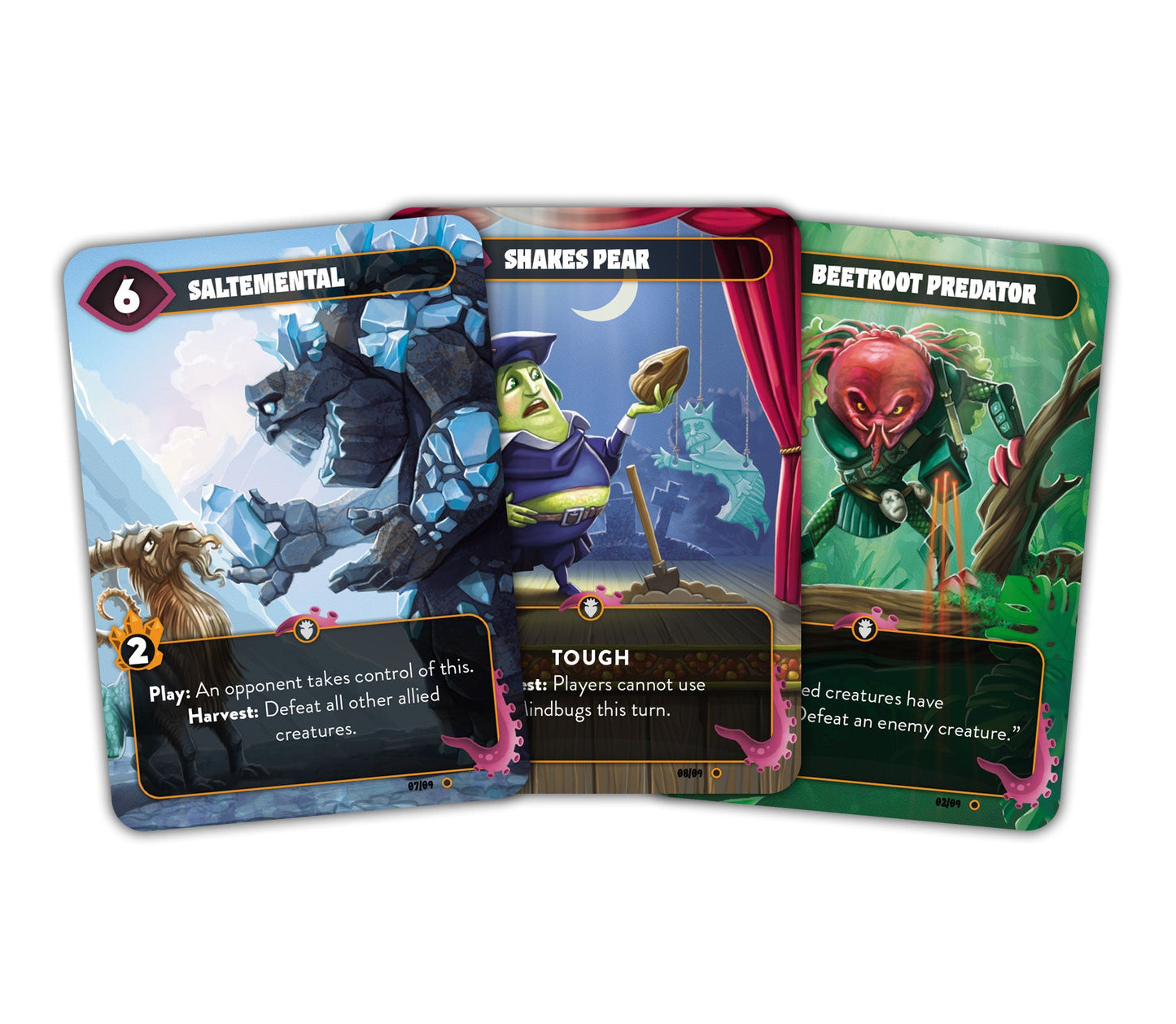 Three unique fantasy playing cards fanned out: an ice golem, a green man holding a pear and a red beet-like monster