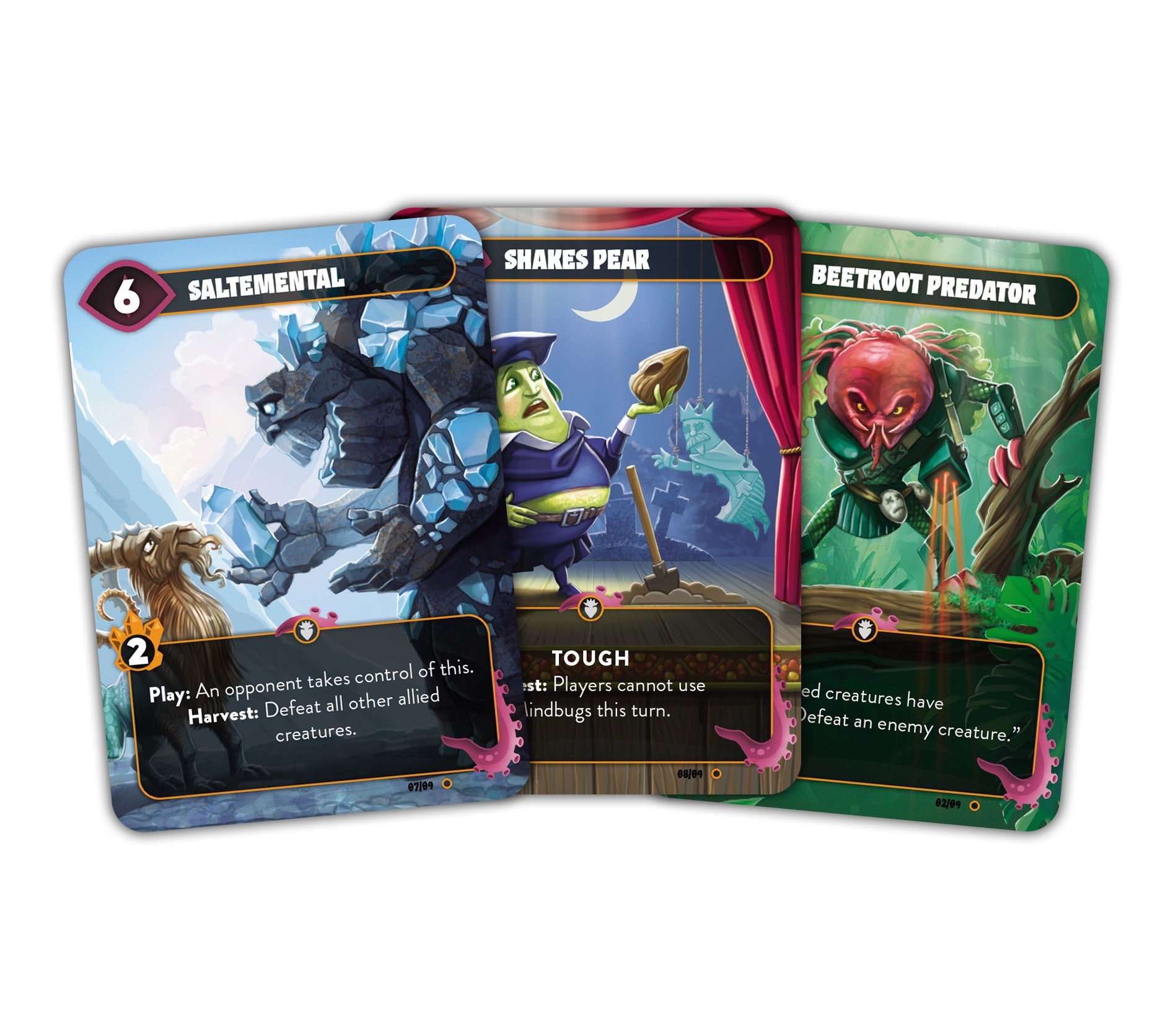 Three unique fantasy playing cards fanned out: an ice golem, a green man holding a pear and a red beet-like monster