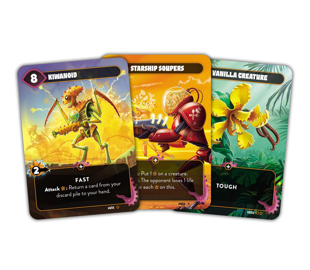 Three fantasy trading cards: A spiky insectoid creature, a soup-headed robot, and a yellow orchid