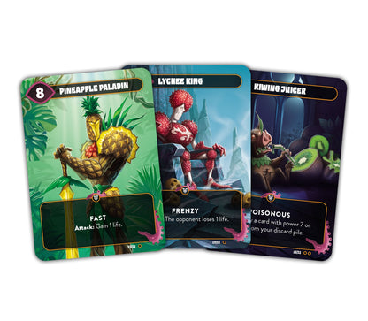 Three illustrated fantasy playing cards: a pineapple knight, a spiky lychee creature on a throne and a boar-like "Kiwing Juicer"