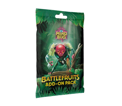 A green "Mind Bug Battlefruits Add-On Pack" pouch with a red beet-like warrior holding a fork, firing beams in a jungle