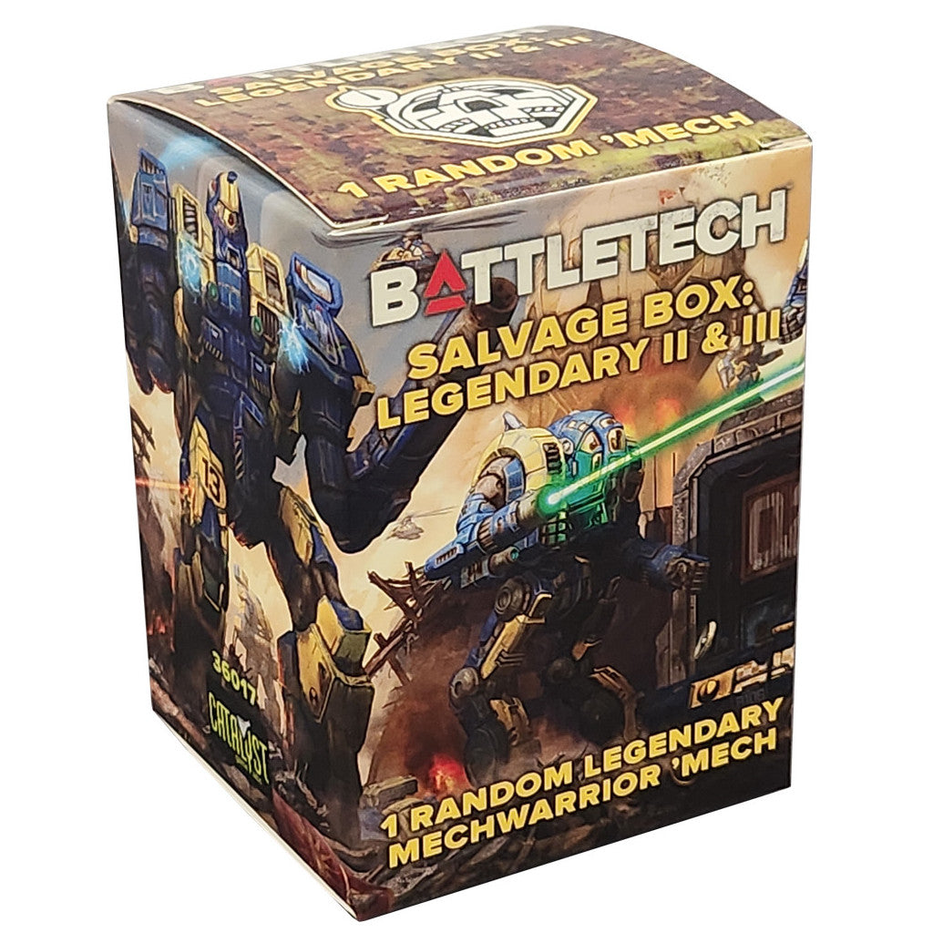 BattleTech Salvage Box: Legendary II & III for 1 random mech. Box art depicts two battling mechs, one firing a green laser