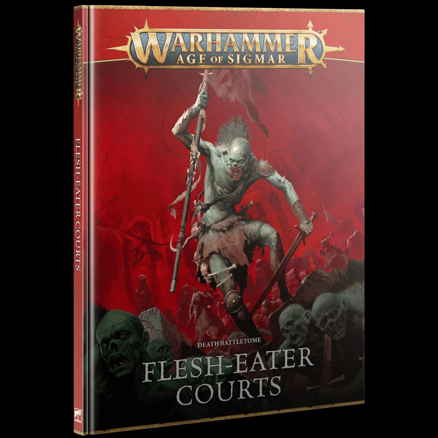 The Flesh-Eater Courts Battletome cover features a fierce, pale ghoul leader wielding a sword and standard