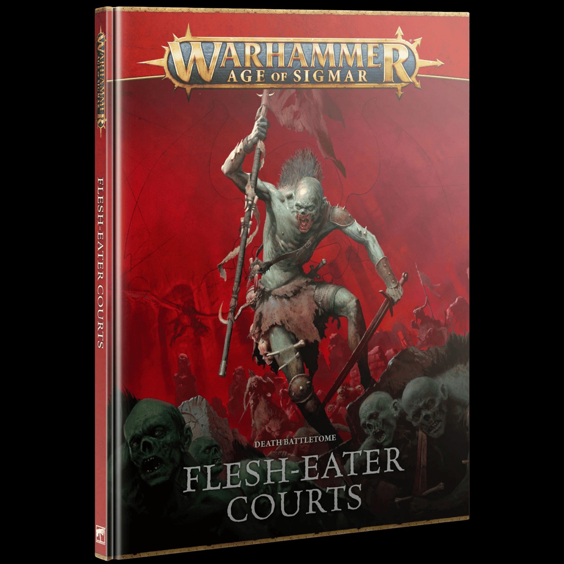 The Flesh-Eater Courts Battletome cover features a fierce, pale ghoul leader wielding a sword and standard