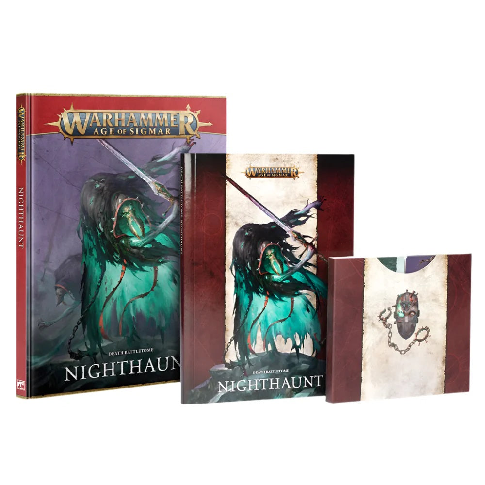 Three Warhammer Age of Sigmar Nighthaunt Battletome books. Ghostly figure wields a sword on the cover