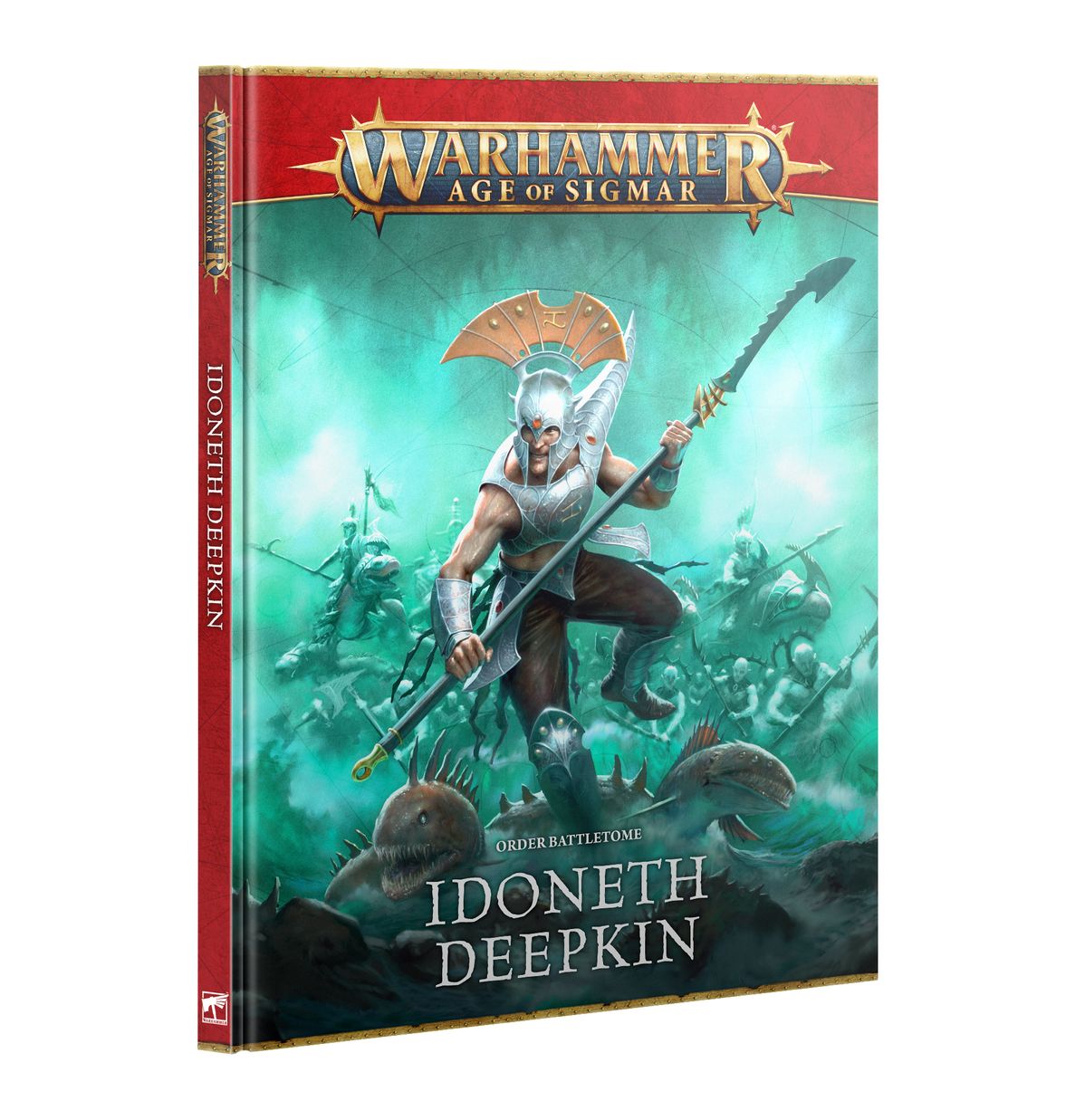 Warhammer Age of Sigmar Idoneth Deepkin Battletome. Armored elf warrior with spear leading an underwater charge